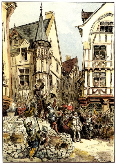 Duc de Guise hyllas av folkmassan och soldater från regementet Gardes Francaises i Paris på barrikaddagen av Albert Robida