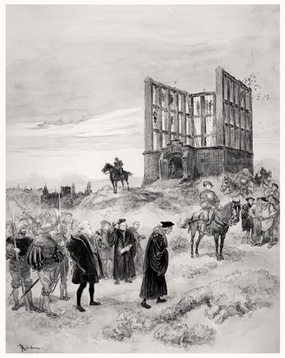 Överintendenten Jacques de Semblancay (ca 1445-1527) dömd till döden, på väg upp till Montfaucon Gibbet, 1909 (wc på papper) av Albert Robida