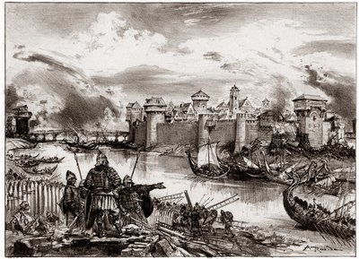 Vikingarna, normandiska pirater under befäl av sin ledare Siegfried, belägrar Paris (gravyr) av Albert Robida