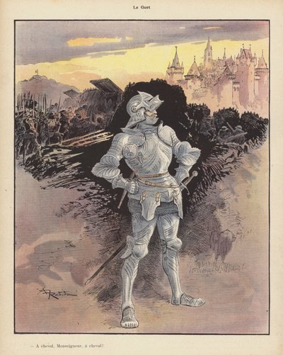 Klockan; soldat i rustning tittar på belägringen av en stad (färg litho) av Albert Robida