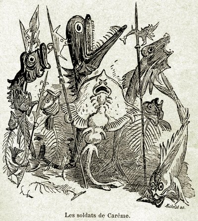 Armén av Quaresmeprenant. Soldaterna framställs som fiskar, av vilka vissa bara har arterna, med hänvisning till Caremes magra (unga) måltid. Illustration av Albert Robida (1848-1926) till ett avsnitt av den fjärde boken av Francois Rabelais - Librairie Ar av Albert Robida