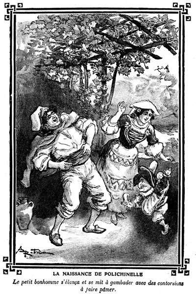 Polichinelles födelse. Teckning av Albert Robida (1848-1926) i en läsbok för barn 1920-1930. av Albert Robida