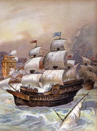 Jean Angos flotta blockerar Tejo och hotar Lissabon, ca 1909 (illustration) av Albert Robida