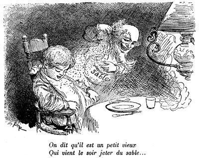 Sandhandlaren har gått! Barn sover efter att ha ätit. Sova. ”” De säger att han är en liten gubbe som kommer för att kasta sand på natten...” Teckning av Albert Robida (1848-1926) i en läsbok för barn 1920-1930. av Albert Robida
