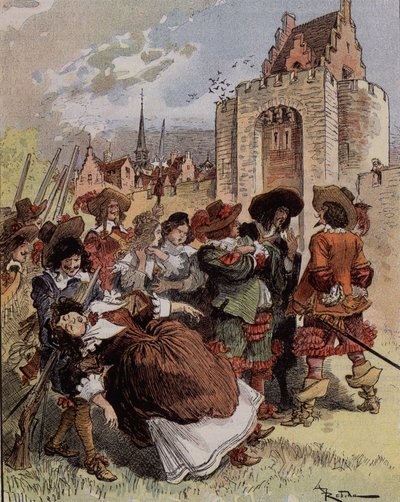 Kapten Bellormeaus blyghet - "" Madame de Malicorne föll i armarna på en sergeant"". Karaktär från Albert Robidas bok. Omslag "" Den lille fransmannen illustrerad"" från 1900-01-20. av Albert Robida