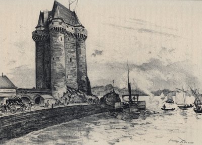 Tornet Solidor befäster i Saint-Malo, distriktet Saint-Servan - Gamla Frankrike - Bretagne - text, teckningar och litografier, av Albert Robida (1848-1926). av Albert Robida