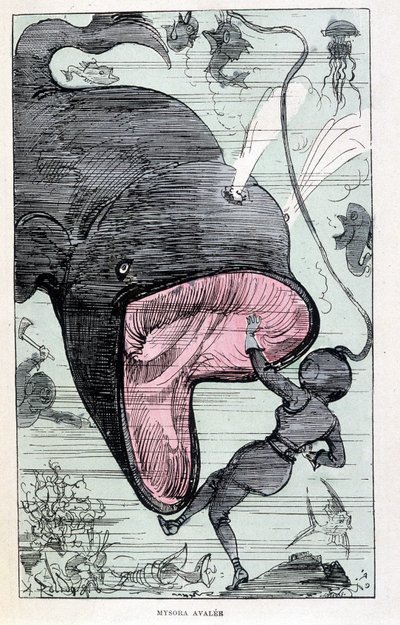 Kvinna i en scaphandler som blir uppslukt av en val, parodi på Jules Verne, "" Mycket extraordinära resor av Saturnin Farandoul i 5 eller 6 delar av världen och i alla länder kända eller okända för M. Jules Verne" av Robida, Paris av Albert Robida
