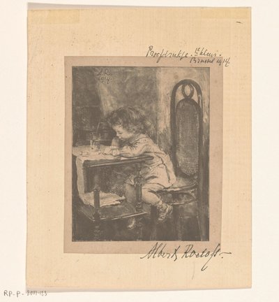 Flicka sitter vid bordet ritning av Albert Roelofs (signed by artist)