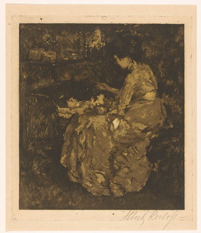 Kvinna matar ett barn i en spjälsäng gröt av Albert Roelofs (signed by artist)