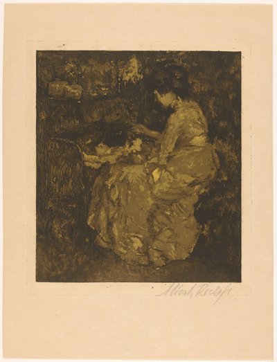 Kvinna matar ett barn i en spjälsäng gröt av Albert Roelofs (signed by artist)