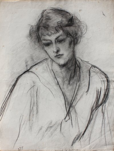 Halvlångt porträtt av en ung flicka, framåtlutad, ca 1910 (svart krita på papper) av Albert de Belleroche