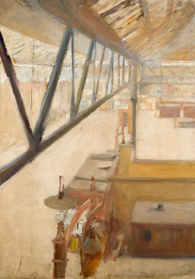 Utsikt över en järnvägsstation, ca 1900 (olja på duk) av Albert de Belleroche