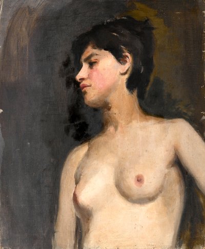 Kvinna halvnaken. Svart bakgrund. Cirka 1880 av Albert de Belleroche