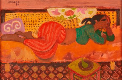 Tunisisk flicka på en soffa (olja ombord) av Alberto Morrocco
