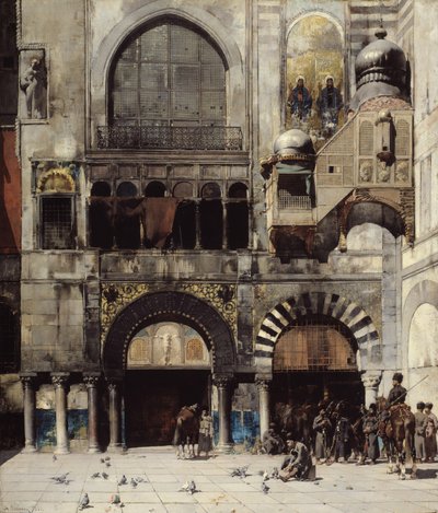 Cirkassiskt kavalleri som väntar på sin befäl vid dörren till ett bysantinskt monument, Orientens minne, 1880 av Alberto Pasini