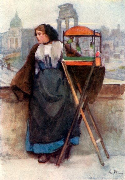 Flicka som säljer fåglar på Via del Campidoglio av Alberto Pisa