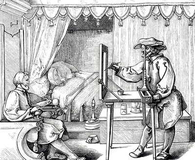 En träsnittsgravyr som föreställer en konstnär som använder ett rithjälpmedel för att få proportionerna på ett porträtt korrekt. Gravyr av Albrecht Dürer (1471-1528), en tysk målare, grafiker och teoretiker från renässansen av Albrecht (after) Durer or Duerer
