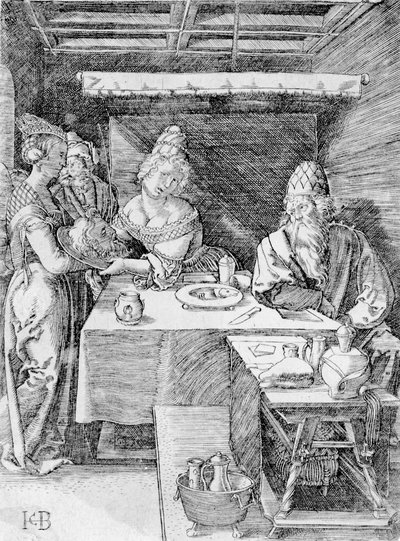 Salome överlämnar Döparens huvud till Herodias, graverad av Jacob Binck (gravyr) av Albrecht (after) Durer or Duerer