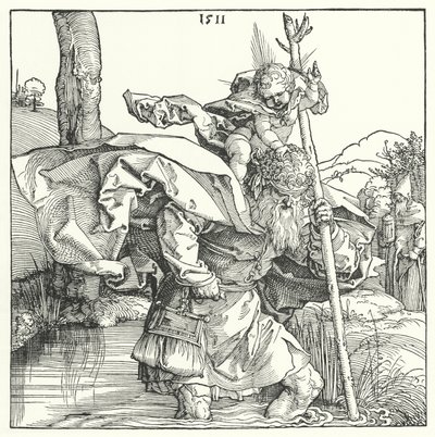 St Christopher som bär Kristus-barnet (gravyr) av Albrecht (after) Durer or Duerer