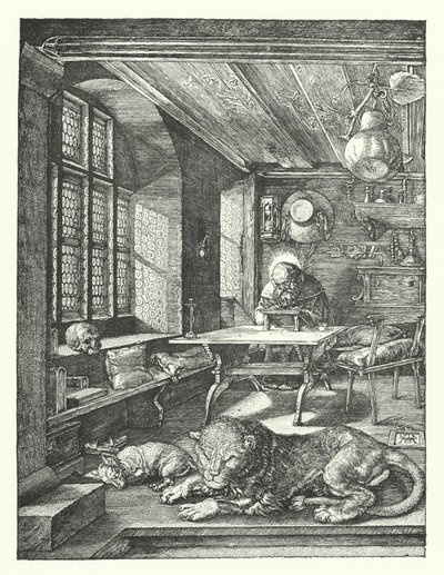 St Hieronymus i hans studie (gravyr) av Albrecht (after) Durer or Duerer