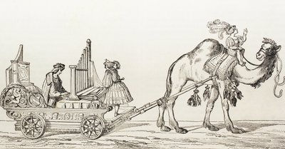 Organisten Paul Hoffaner spelar i en vagn dragen av en kamel, ca 1880 (gravyr) av Albrecht (after) Durer or Duerer