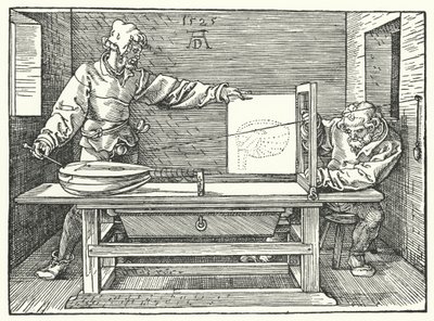 Användningen av strängar för att konstruera en perspektivbild av en luta (gravyr) av Albrecht (after) Durer or Duerer