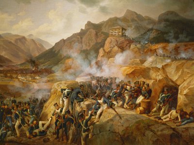 Napoleons trupper anfaller det österrikiska blockhuset i Malborget, Sydtyrolen ... (olja på duk) av Albrecht Adam