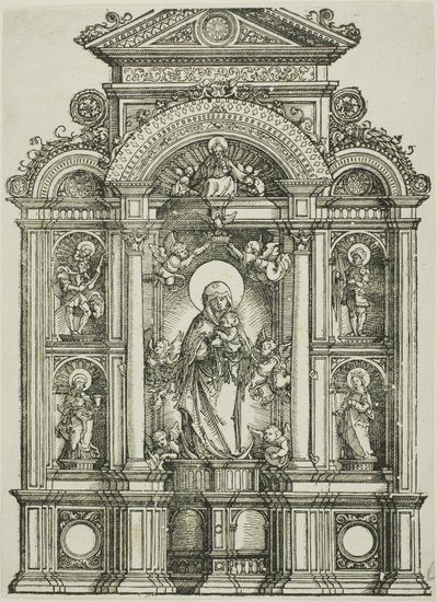 Altartavla med den vackra jungfrun av Regensburg och de heliga Kristoffer, Maria Magdalena, Florian och Katarina stående i nischer, med Gud Fader ovanför av Albrecht Altdorfer