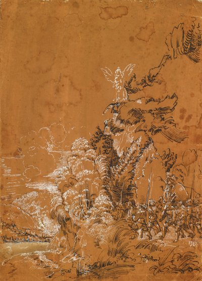 Skogslandskap med änglar och legosoldater av Albrecht Altdorfer