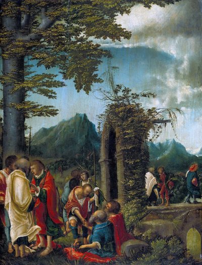 Tyska: Der Abschied der Apostel in waldiger Landschaft Apostlarnas gemenskap / Apostlar i ett skogslandskap av Albrecht Altdorfer