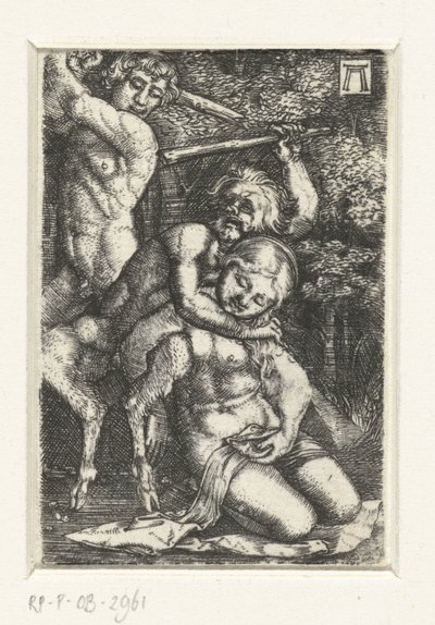 Satyr och en man slåss om en kvinna av Albrecht Altdorfer