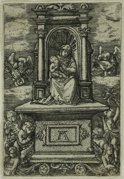 "Den vackra jungfrun av Regensburg" med barnet på en tron, omgiven av änglar med musikinstrument av Albrecht Altdorfer
