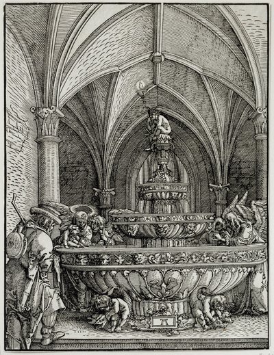 Den heliga familjen har fontänen. Gravyr av tysken Albrecht Altdorfer (1480-1538). Louvren av Albrecht Altdorfer