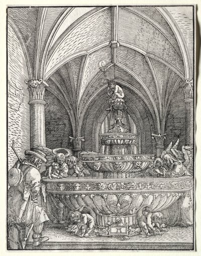 Den heliga familjen på flykt till Egypten vid en fontän av Albrecht Altdorfer