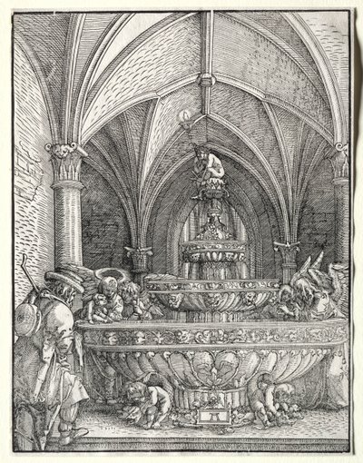 Den heliga familjen på flykt till Egypten vid en fontän, ca. 1520. av Albrecht Altdorfer