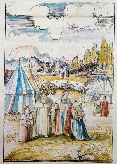 Den blivande kejsaren Maximilian I, under ledning av sin far Friedrich III, träffar sin brud Maria av Burgund i Neuss... av Albrecht Altdorfer