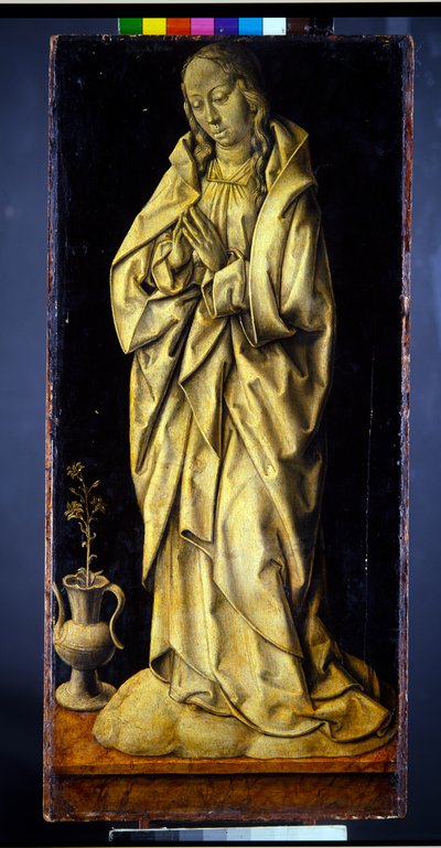 Tidigare vingarna till en triptyk, ett par, Kvinnliga figurer som personifierar visdom och generositet, med bebådelsen (panel; en grisaille verso) av Albrecht Bouts