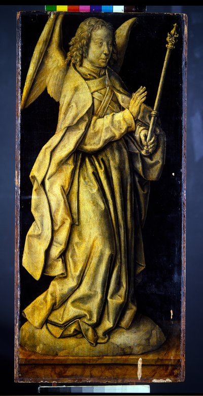 Tidigare vingar i en triptyk, ett par, Kvinnofigurer som personifierar visdom och generositet, med bebådelsen (panel; en grisaille a tergo) av Albrecht Bouts