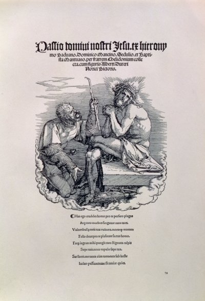 En romersk soldat som hånar Kristus, med konstnärens namn på latin ovanför och nedanför en dikt som hyllar mannen för hans synder, titelsida till serien The Great Passion, pub. 1511 av Albrecht Dürer