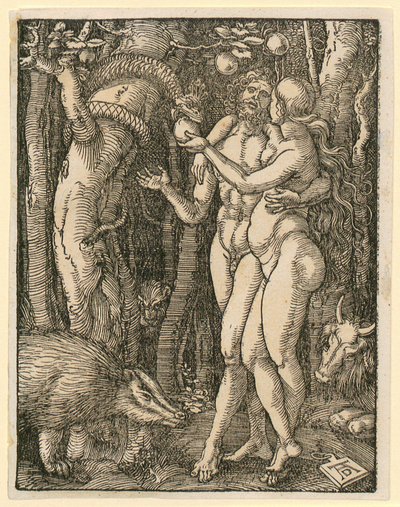 Adam och Eva, blad 2 ur serien "Lilla träsnittspassionen" av Albrecht Dürer