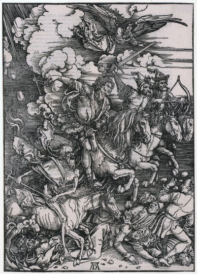 Apokalypsens ryttare, figur III, blad 5 i serien ”Apokalypsen” av Albrecht Dürer
