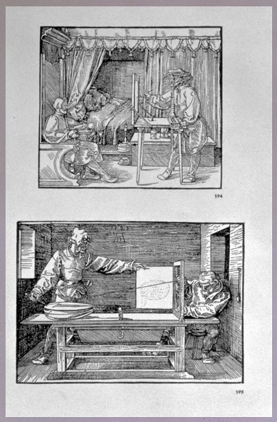 Apparat för att översätta tredimensionella objekt till tvådimensionella ritningar, två scener ur konstnärens första tekniska bok Introduction in the Art of Measurement with Compass and Ruler, writt av Albrecht Dürer