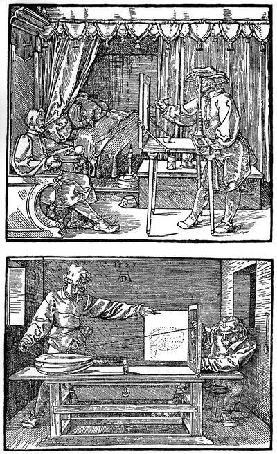 Apparat för att översätta tredimensionella objekt till tvådimensionella ritningar, 1525, 1936 av Albrecht Dürer