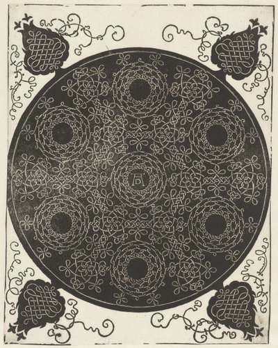 Broderiexempel med sju kransformade motiv av Albrecht Dürer