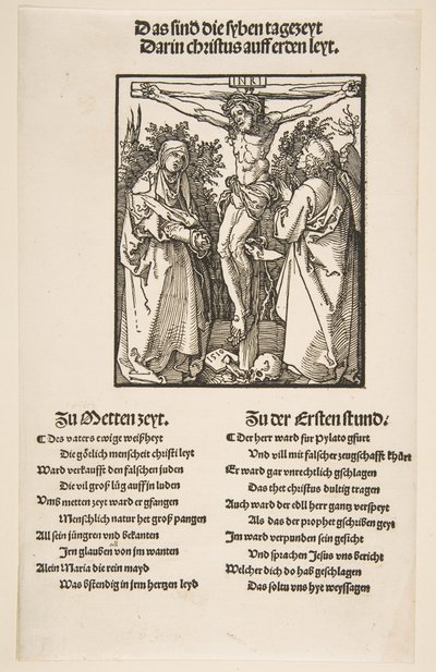Kristus på korset mellan Jungfrun och Sankt Johannes första ark av två, 1510. av Albrecht Dürer