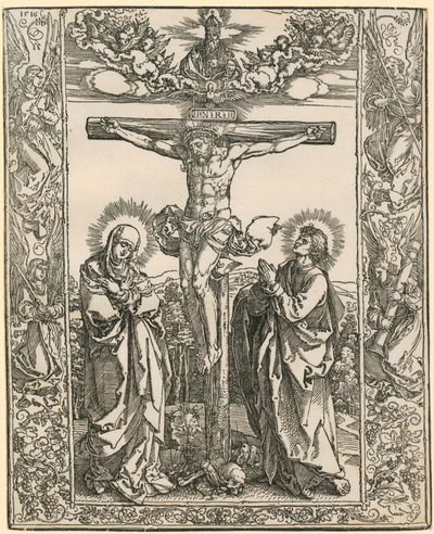Kristus på korset med änglar i kantverket av Albrecht Dürer