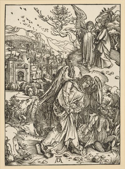 Ängeln kastar draken i avgrunden och stänger in den där (Apokalypsen) av Albrecht Dürer