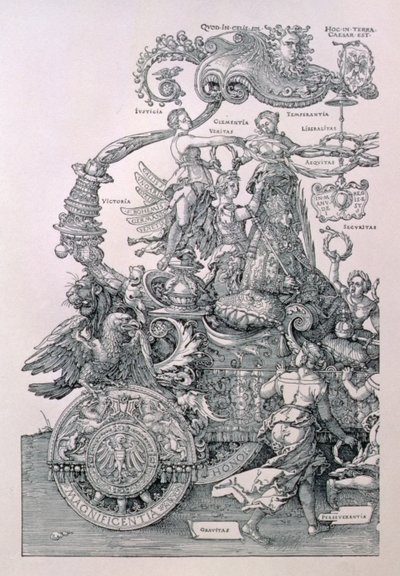 Design för kejsar Maximilian I:s stora triumfvagn: detalj som visar dygderna som placerar en krans på kejsarens huvud, planerad av Willibald Pirckheimer, pub. c.1518 av Albrecht Dürer