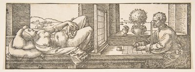 Ritare som gör en perspektivteckning av en liggande kvinna, ca. 1600. av Albrecht Dürer