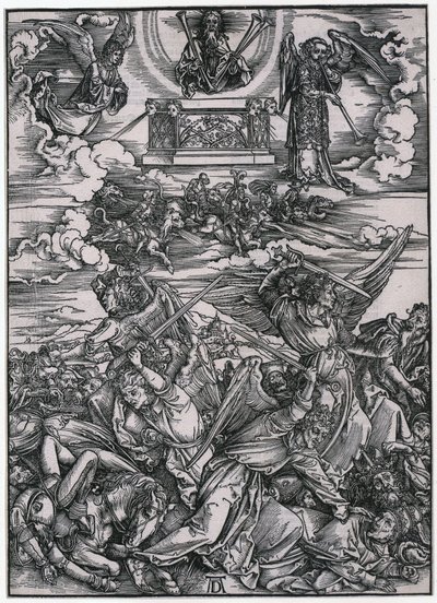Änglakampen, figur VII, blad 9 i serien ”Apokalypsen” av Albrecht Dürer